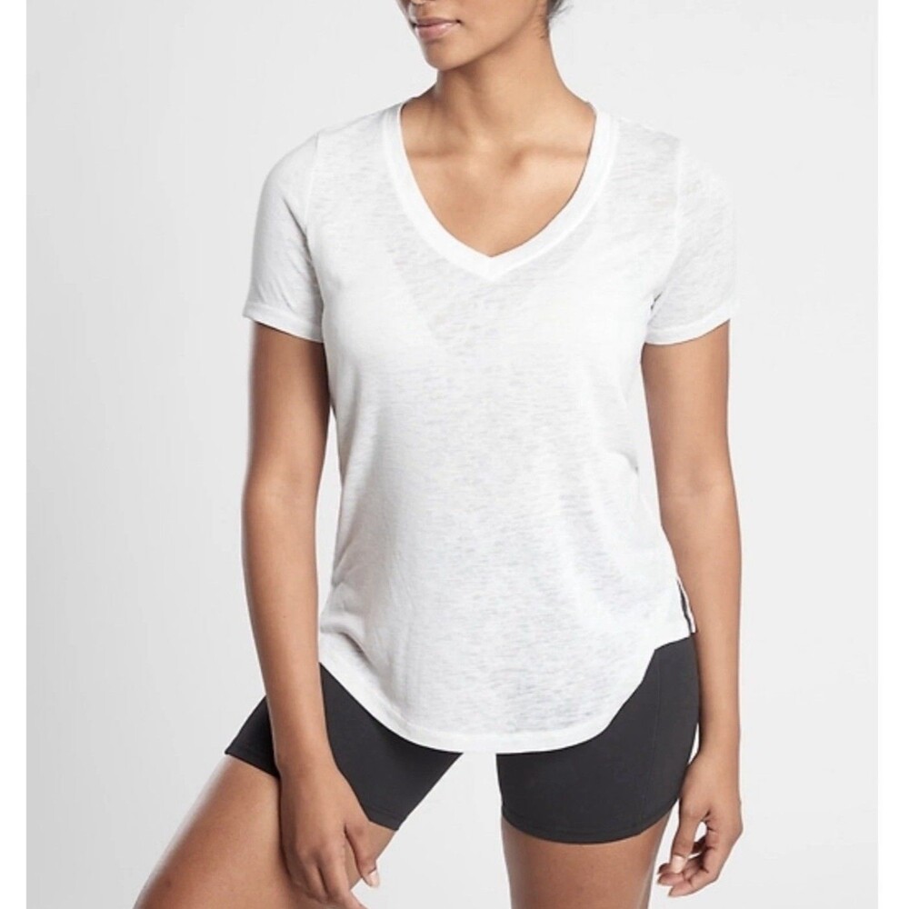 Athleta Women’s White Breezy Scoop V-neck Curved Hem Short Sleeve Tee Large L